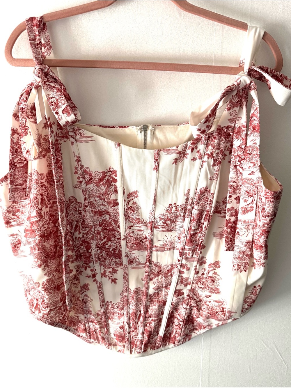 Fashion Nova Women’s Cream & Red Toile Corset Tie-Shoulder Top
